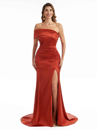 One Shoulder Sexy Soft Satin Side Slit  Long Mermaid Bridesmaid Dresses