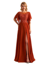 Elegant Side Slit Chiffon Short Sleeves Lace Long Mother of the Brides Dresses