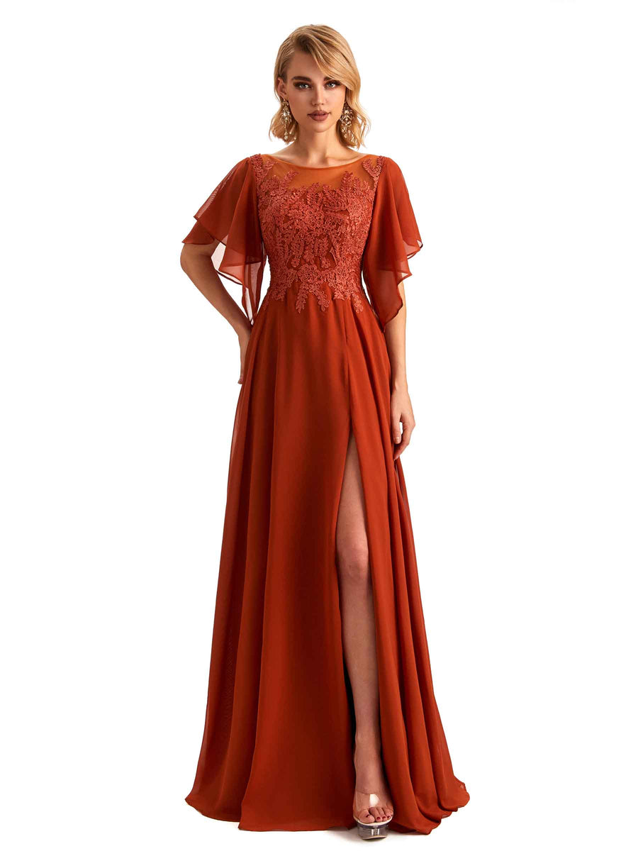 Elegant Side Slit Chiffon Short Sleeves Lace Long Mother of the Brides Dresses