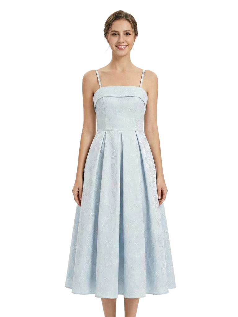 ChicSew Fancy Jacquard Satin Spaghetti Straps A-Line Midi Formal Evening Dresses