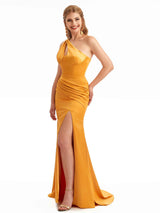 One Shoulder Silky Satin Mermaid Modern Long Wedding Guest Dresses Side Split