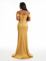 Sexy Cold Shoulder Side Slit Mermaid Lace Satin Unique Long Bridesmaid Dresses
