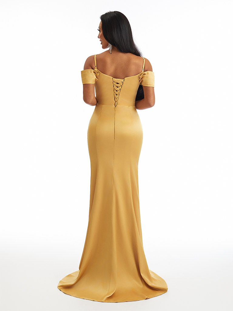 Sexy Cold Shoulder Side Slit Mermaid Lace Satin Unique Long Bridesmaid Dresses