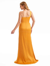 One Shoulder Silky Satin Mermaid Modern Long Wedding Guest Dresses Side Split