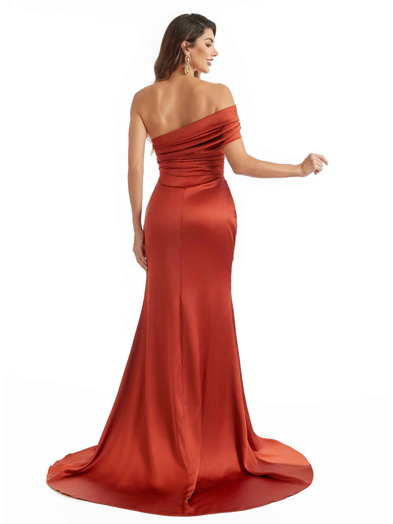 One Shoulder Sexy Stretchy Satin Side Slit Long Mermaid Bridesmaid Dresses Online