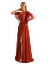 Elegant Side Slit Chiffon Short Sleeves Lace Long Mother of the Brides Dresses
