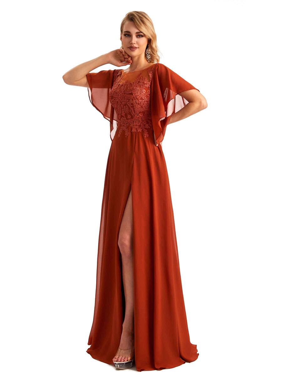 Elegant Side Slit Chiffon Short Sleeves Lace Long Mother of the Brides Dresses