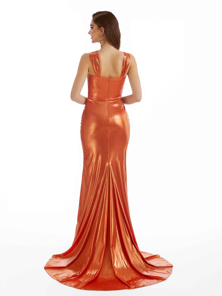 Sexy Mermaid Halter Straps Metallic Stretch Shiny Fabric Long Bridesmaid Dresses Online