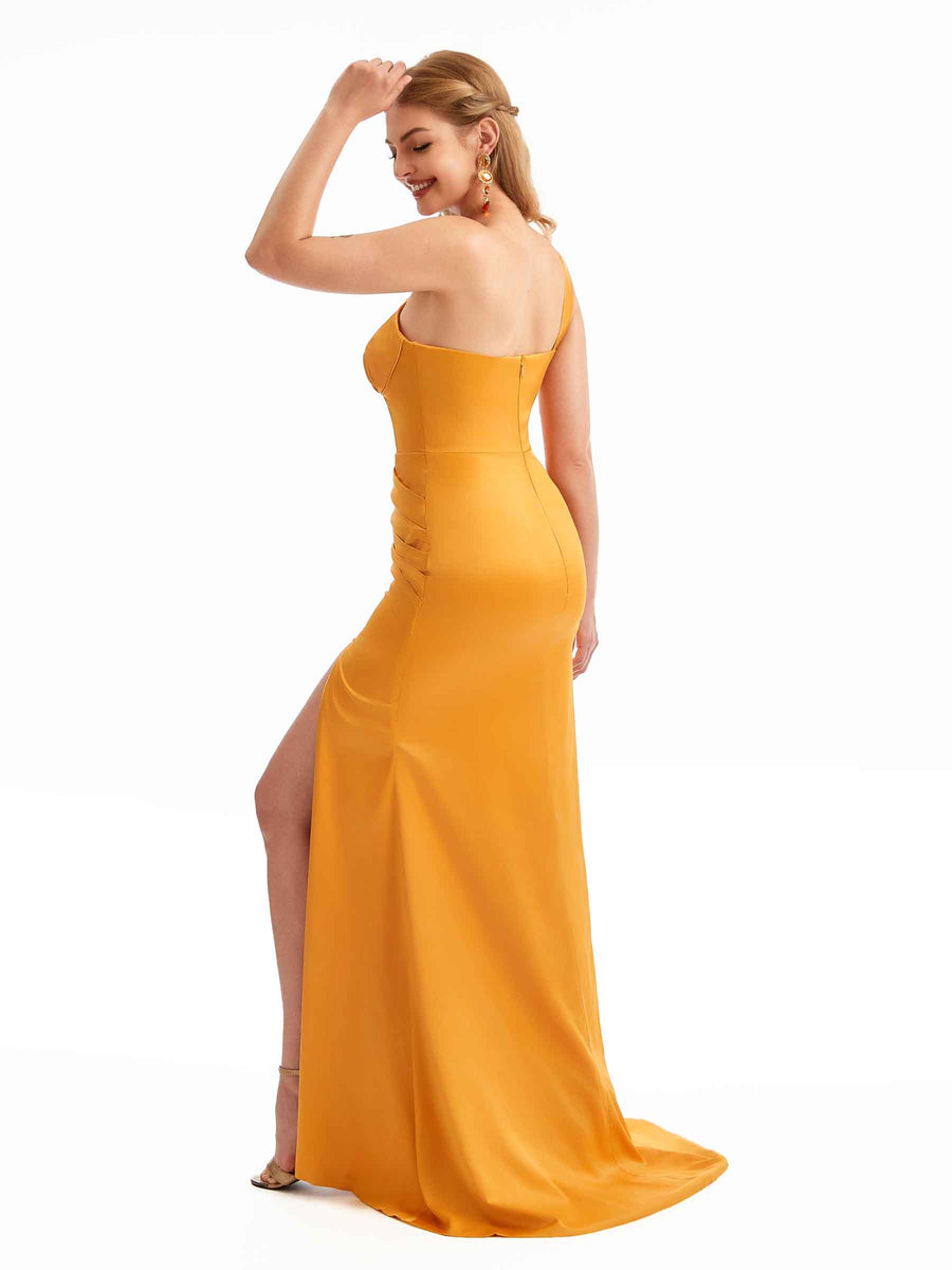 One Shoulder Silky Satin Mermaid Modern Long Bridesmaid Dresses Side Split