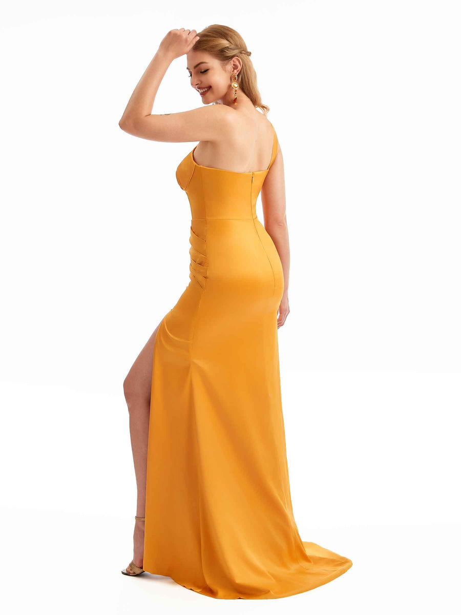 Silky Satin One Shoulder Boho Bridesmaid Dresses Asymmetrical Cutout