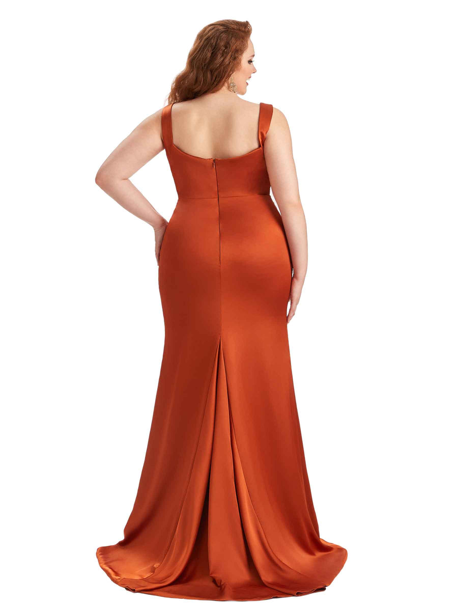 Plus Size Sexy Side Slit Mermaid Straps Soft Satin Long Maid of Honor Dresses