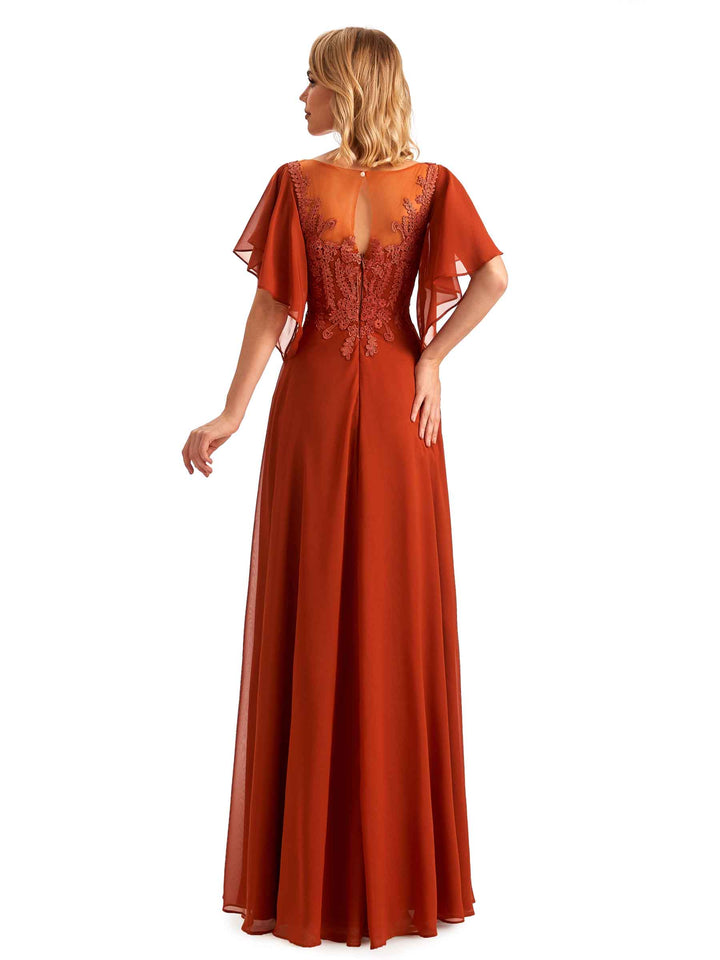 Elegant Side Slit Chiffon Short Sleeves Lace Long Mother of the Brides Dresses