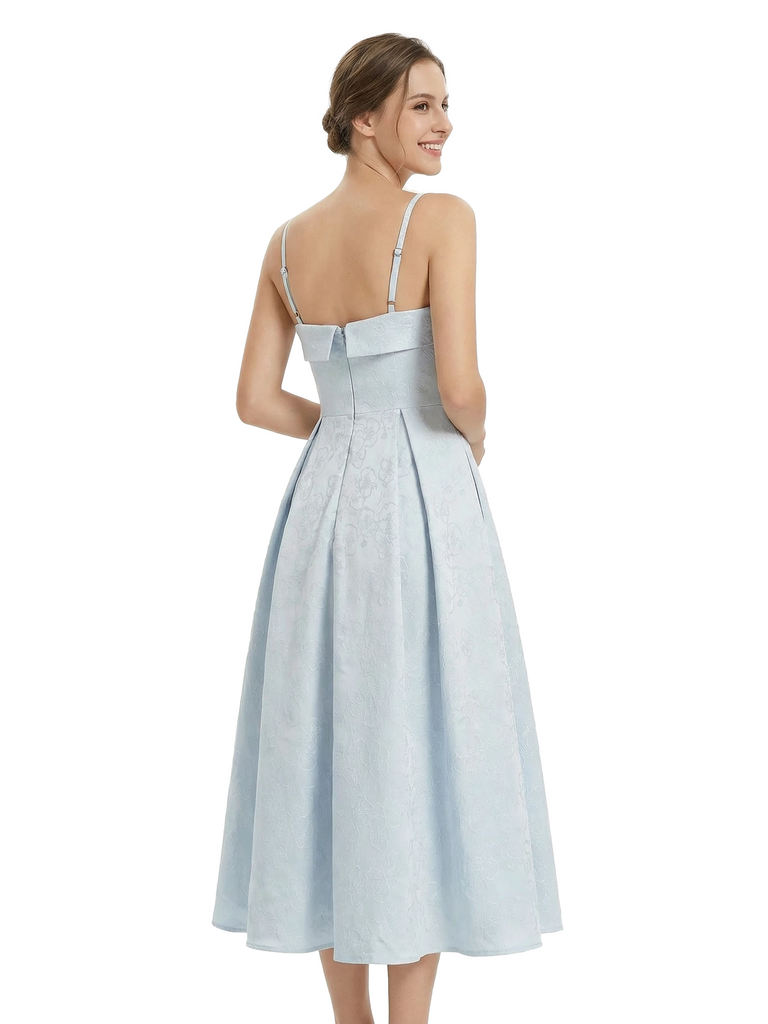 ChicSew Fancy Jacquard Satin Spaghetti Straps A-Line Midi Formal Evening Dresses