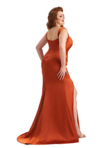 Plus Size Sexy Side Slit Mermaid Straps Soft Satin Long Maid of Honor Dresses