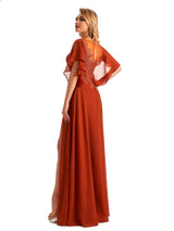 Elegant Side Slit Chiffon Short Sleeves Lace Long Mother of the Brides Dresses