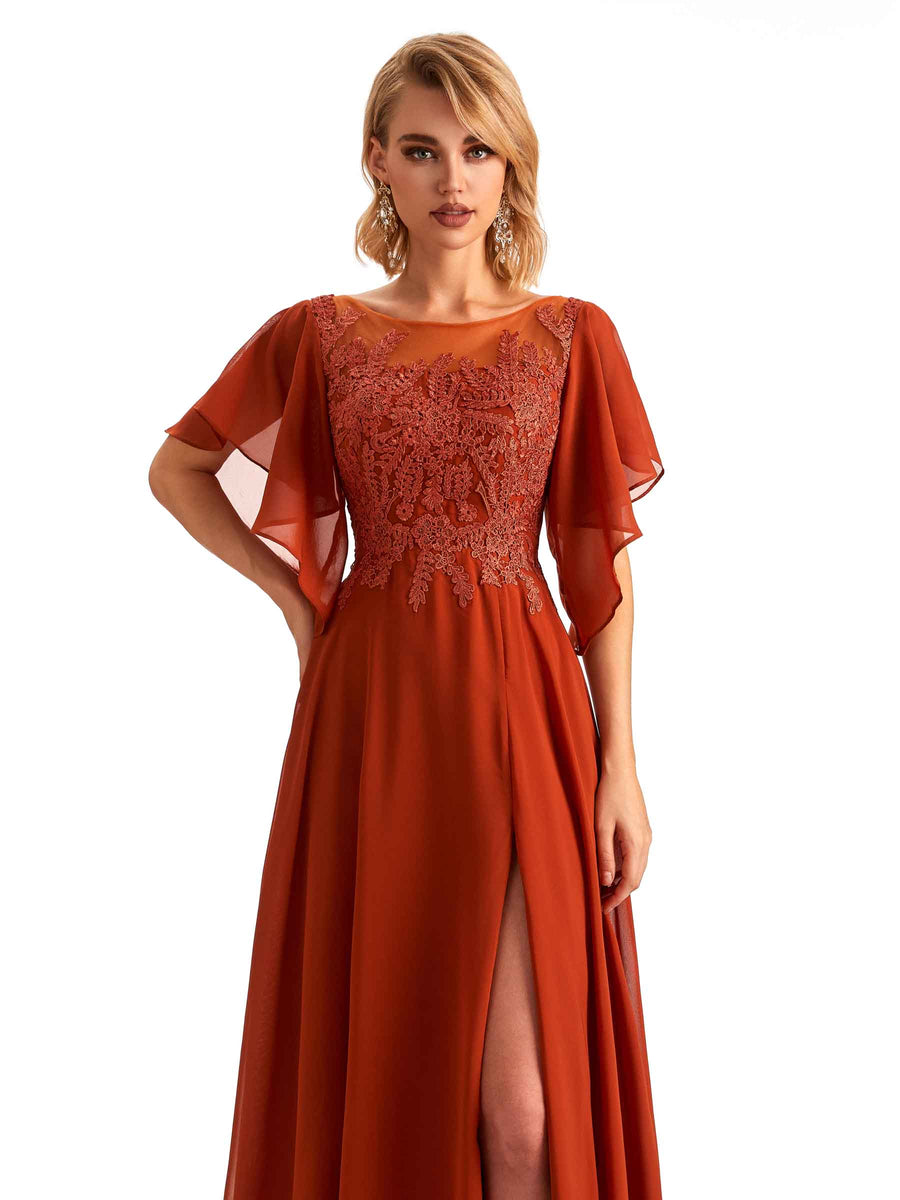 Elegant Side Slit Chiffon Short Sleeves Lace Long Mother of the Brides Dresses
