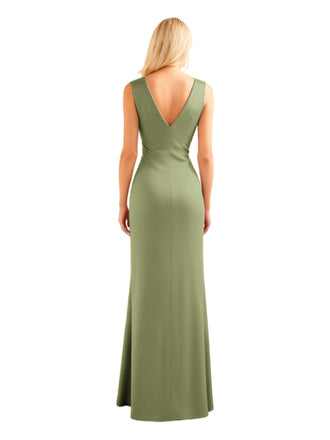 Elegant V-Neck Side Slit Sleeveless Soft Satin Mermaid Floor-Length Mother of the Bride Dresses