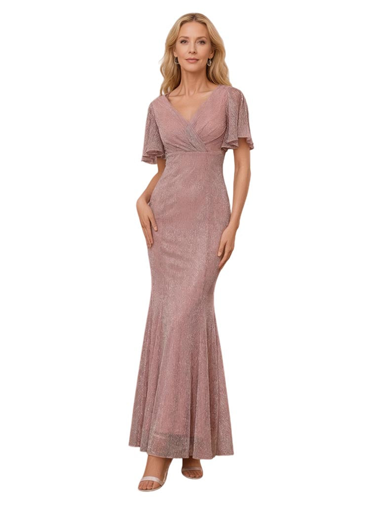 Elegant Glitter Jersey V-Neck Mermaid Ankle-Length Mother of The Bride Dresses