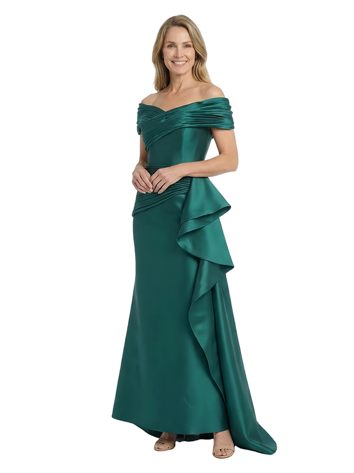 Chicsew Elegant Silky Satin Off Shoulder Ruched Ruffle Satin Mermaid Maxi Mother of The Groom Dress