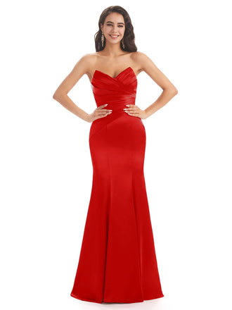 Simple Strapless Sweetheart Soft Satin Mermaid Long Silky Bridesmaid Dresses In Stock