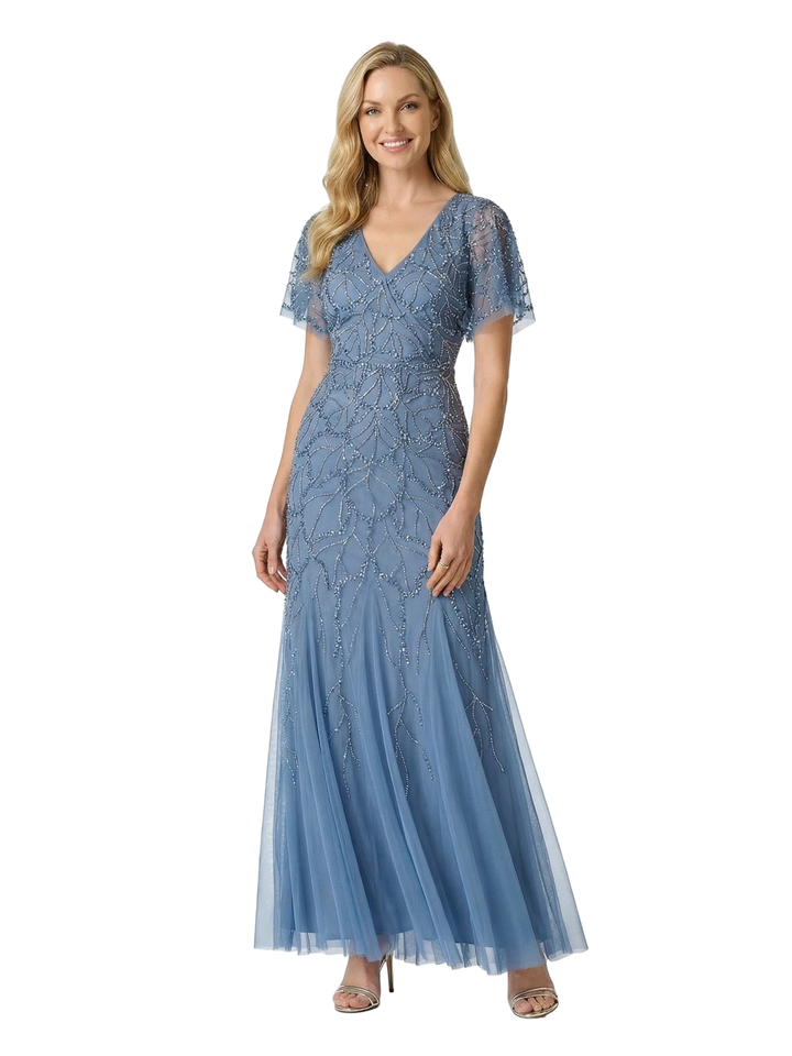 ChicSew Short Sleeve V-Neck Tulle Beaded Long Dress Sparkly Mother Of The Bride Gown