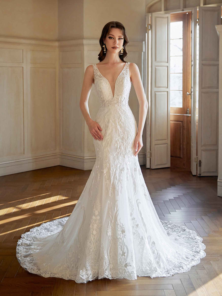 Sexy Mermaid Open Back V-neck Maxi Long Lace Wedding Dresses Online Sexy Mermaid Open Back V-neck Maxi Long Lace Wedding Dresses Online