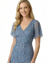 ChicSew Short Sleeve V-Neck Tulle Beaded Long Dress Sparkly Mother Of The Bride Gown