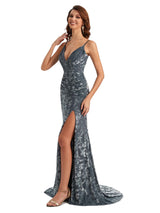 Sexy Side Slit Mermaid Floral Velvet Unique Long Bridesmaid Dresses Online