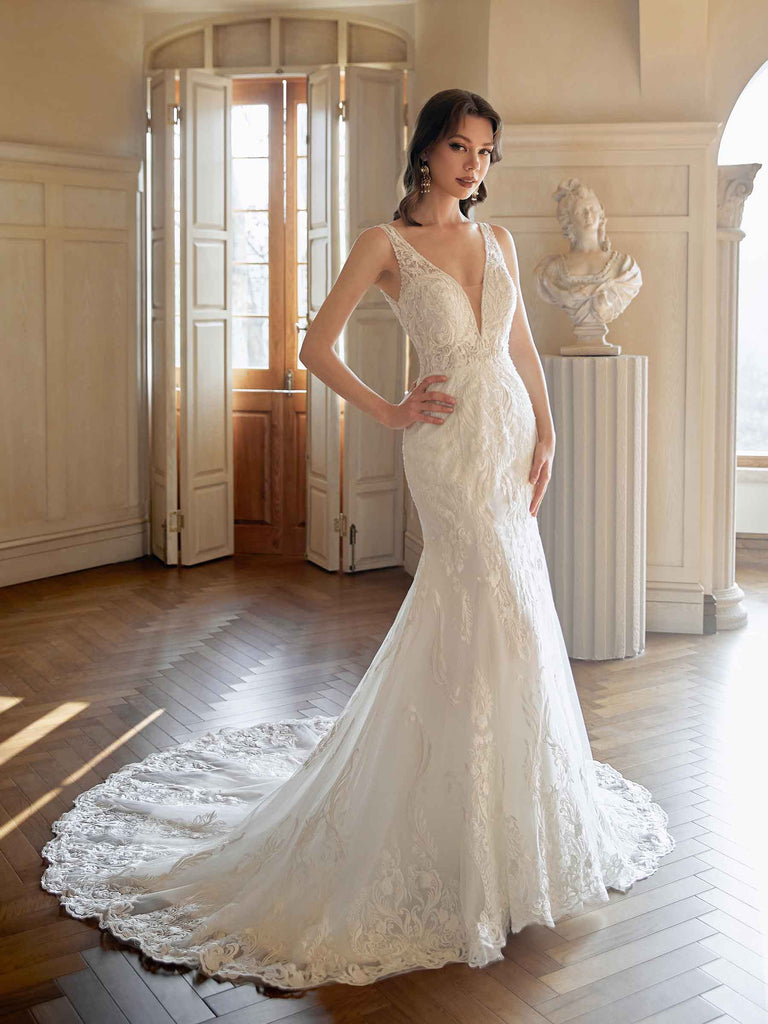 Sexy Mermaid Open Back V-neck Maxi Long Lace Wedding Dresses Online - ChicSew Sexy Mermaid Open Back V-neck Maxi Long Lace Wedding Dresses Online - ChicSew