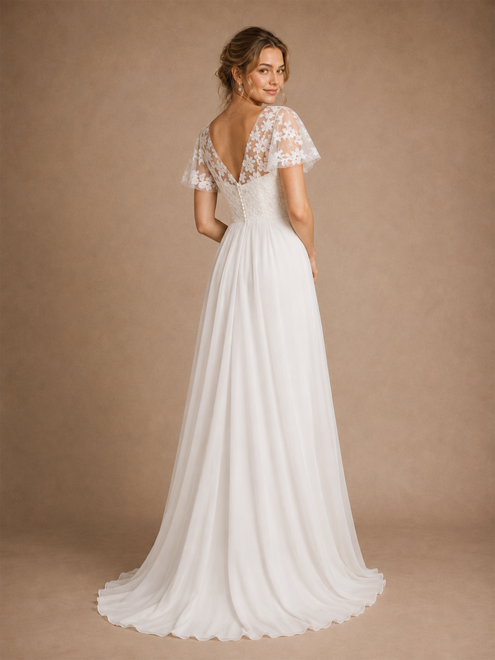 ChicSew Fancy V-Neck Short Sleeves Lace Chiffon A-Line Maxi Wedding Dress