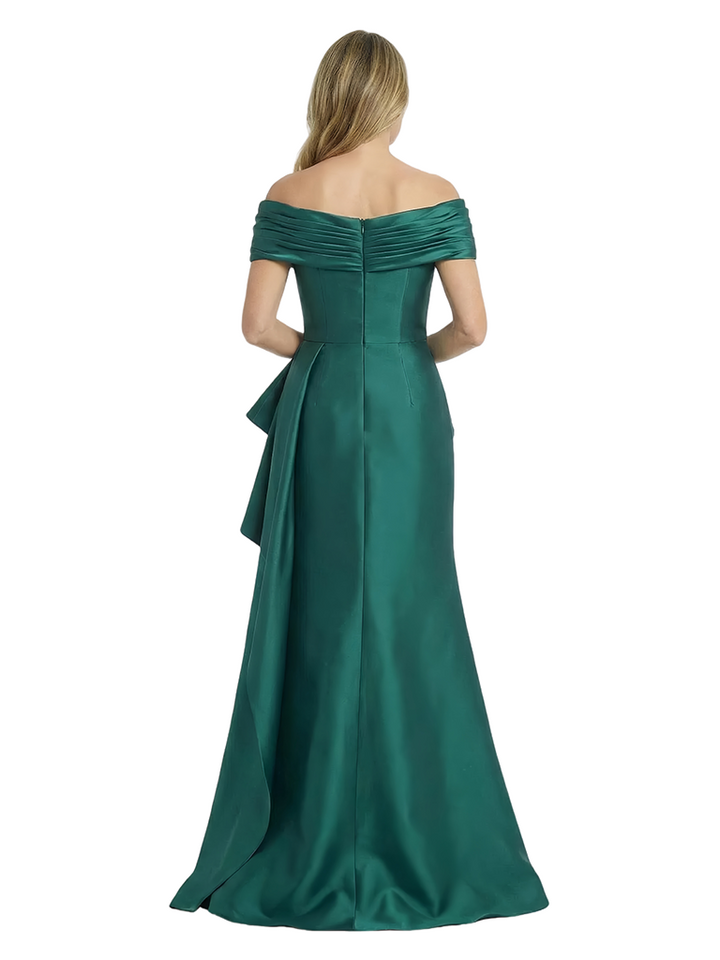 Chicsew Elegant Silky Satin Off Shoulder Ruched Ruffle Satin Mermaid Maxi Mother of The Groom Dress