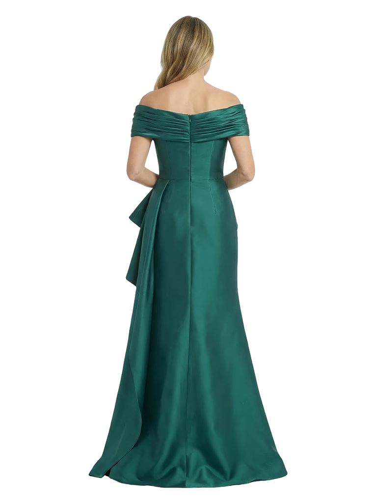 Chicsew Elegant Silky Satin Off Shoulder Ruched Ruffle Satin Mermaid Maxi Mother of The Groom Dress