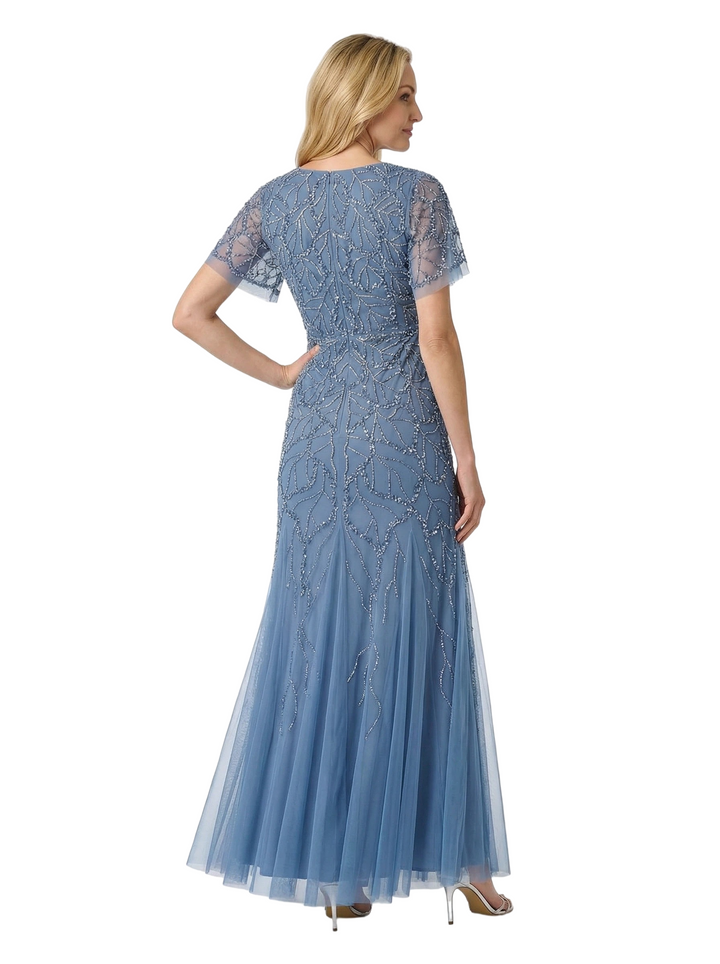 ChicSew Short Sleeve V-Neck Tulle Beaded Long Dress Sparkly Mother Of The Bride Gown