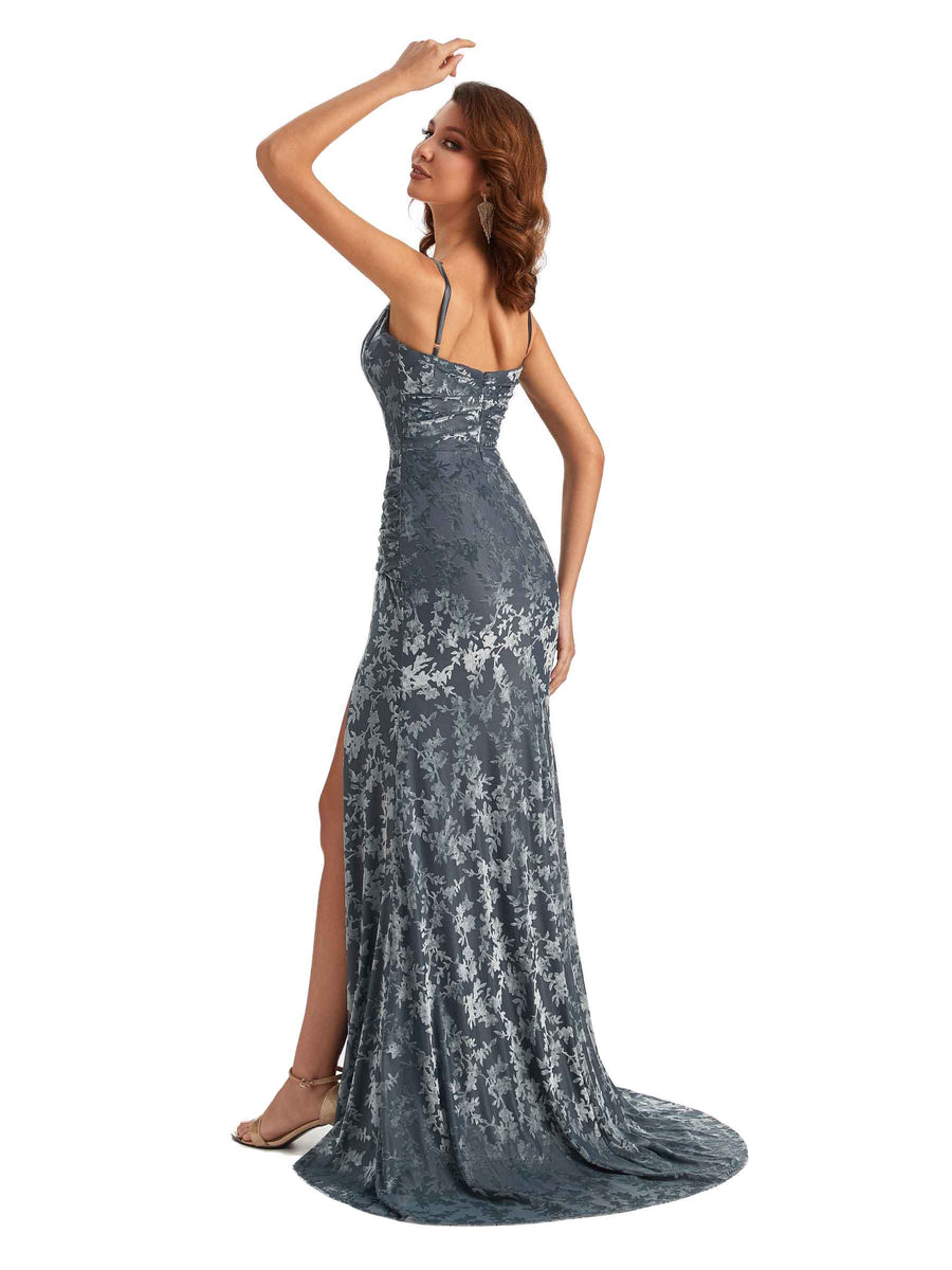 Sexy Side Slit Mermaid Floral Velvet Unique Long Bridesmaid Dresses Online