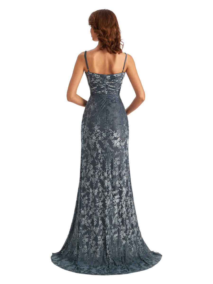 Sexy Side Slit Mermaid Floral Velvet Unique Long Bridesmaid Dresses Online