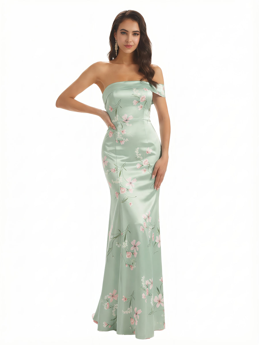 Sexy One Shoulder Sleeveless Mermaid Long Satin Floral Formal Dresses For Women