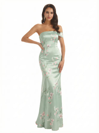 Sexy One Shoulder Sleeveless Mermaid Long Satin Floral Formal Dresses For Women