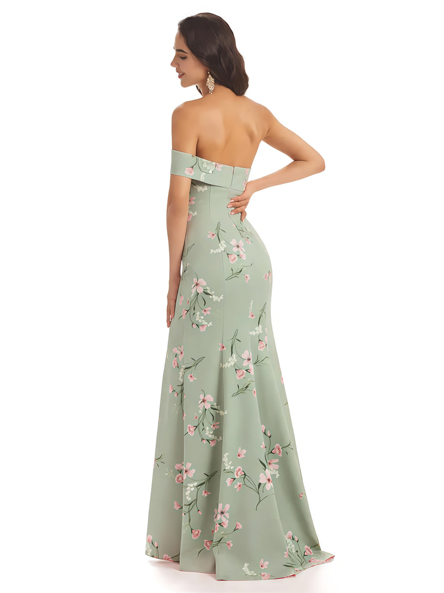 Sexy One Shoulder Sleeveless Mermaid Long Satin Floral Formal Dresses For Women