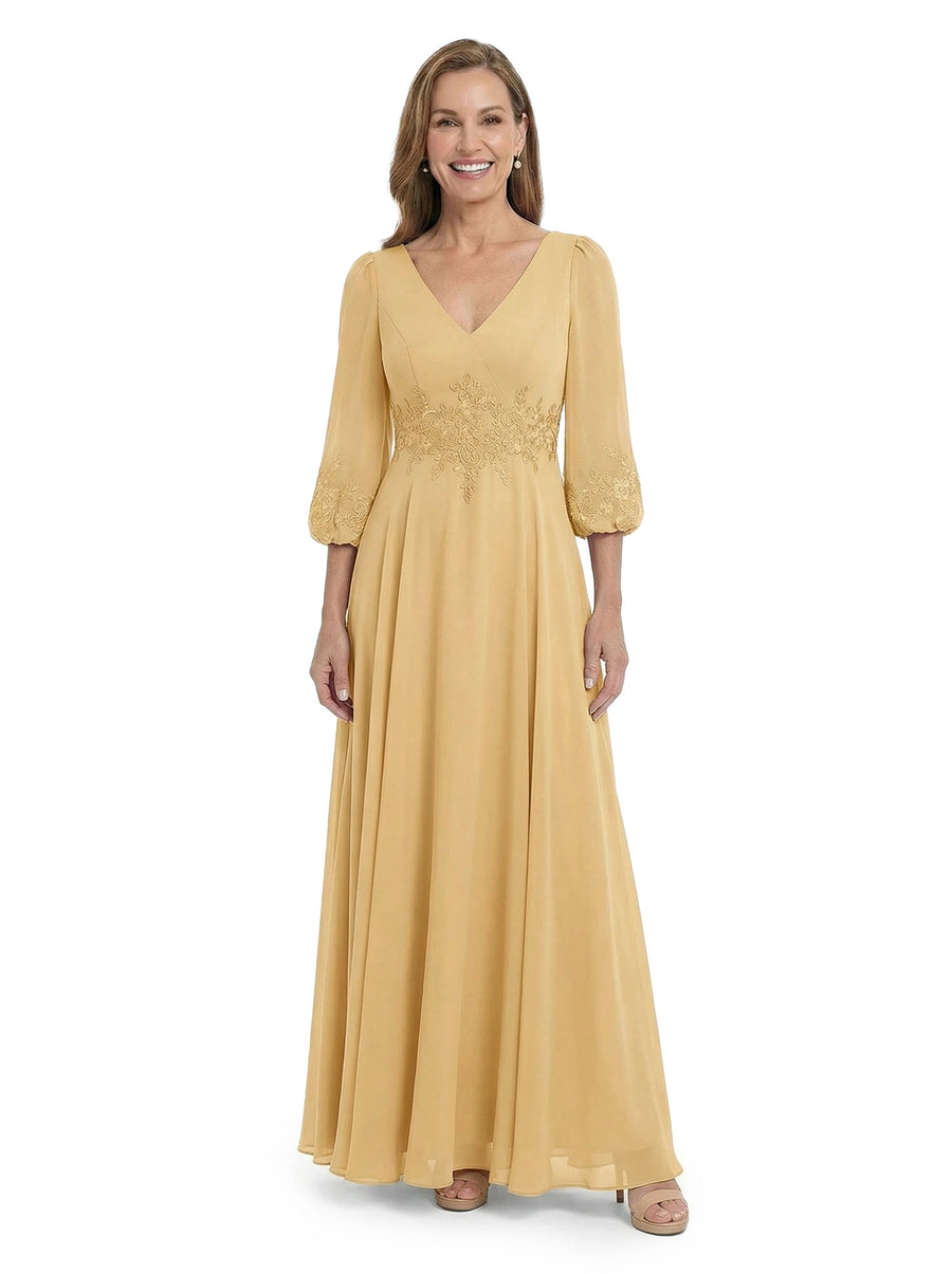 ChicSew Trendy V-Neck Long Sleeves Chiffon Gown A-Line Mother Of The Bride Dresses With Applique