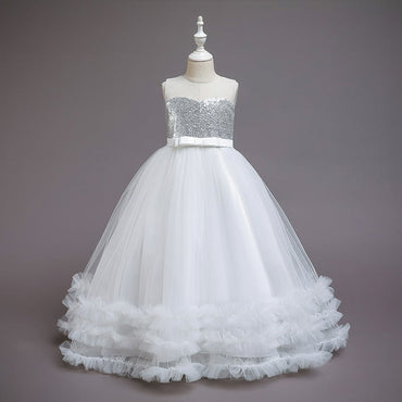 Flower Girls Cute Sequin Top A-line Tulle Princess Gown for Wedding Kids Guest Dress