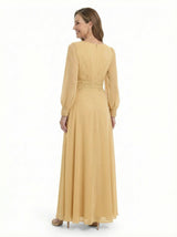 ChicSew Trendy V-Neck Long Sleeves Chiffon Gown A-Line Mother Of The Bride Dresses With Applique