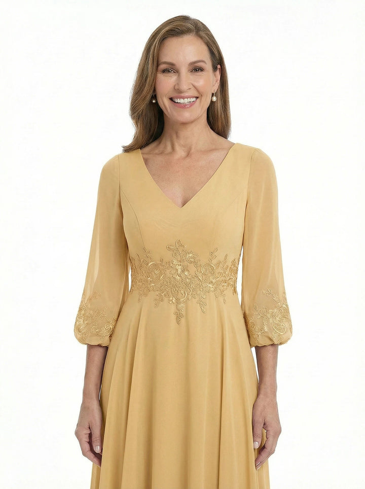 ChicSew Trendy V-Neck Long Sleeves Chiffon Gown A-Line Mother Of The Bride Dresses With Applique