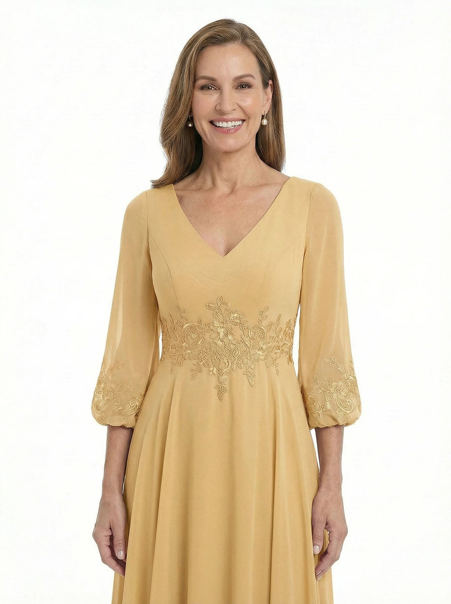 ChicSew Trendy V-Neck Long Sleeves Chiffon Gown A-Line Mother Of The Bride Dresses With Applique