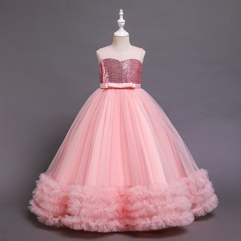 Flower Girls Cute Sequin Top A-line Tulle Princess Gown for Wedding Kids Guest Dress