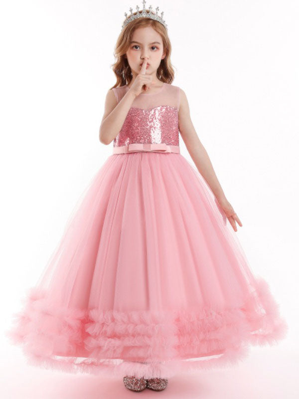 Flower Girls Cute Sequin Top A-line Tulle Princess Gown for Wedding Kids Guest Dress