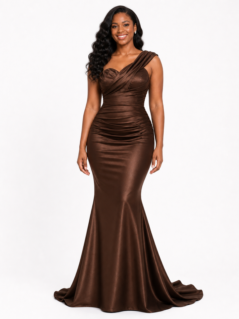 ChicSew Unique One Shoulder Mermaid Ruched Soft Satin Floor-Length Bridesmaid Dresses
