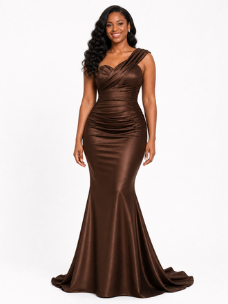 ChicSew Unique One Shoulder Mermaid Ruched Soft Satin Floor-Length Bridesmaid Dresses