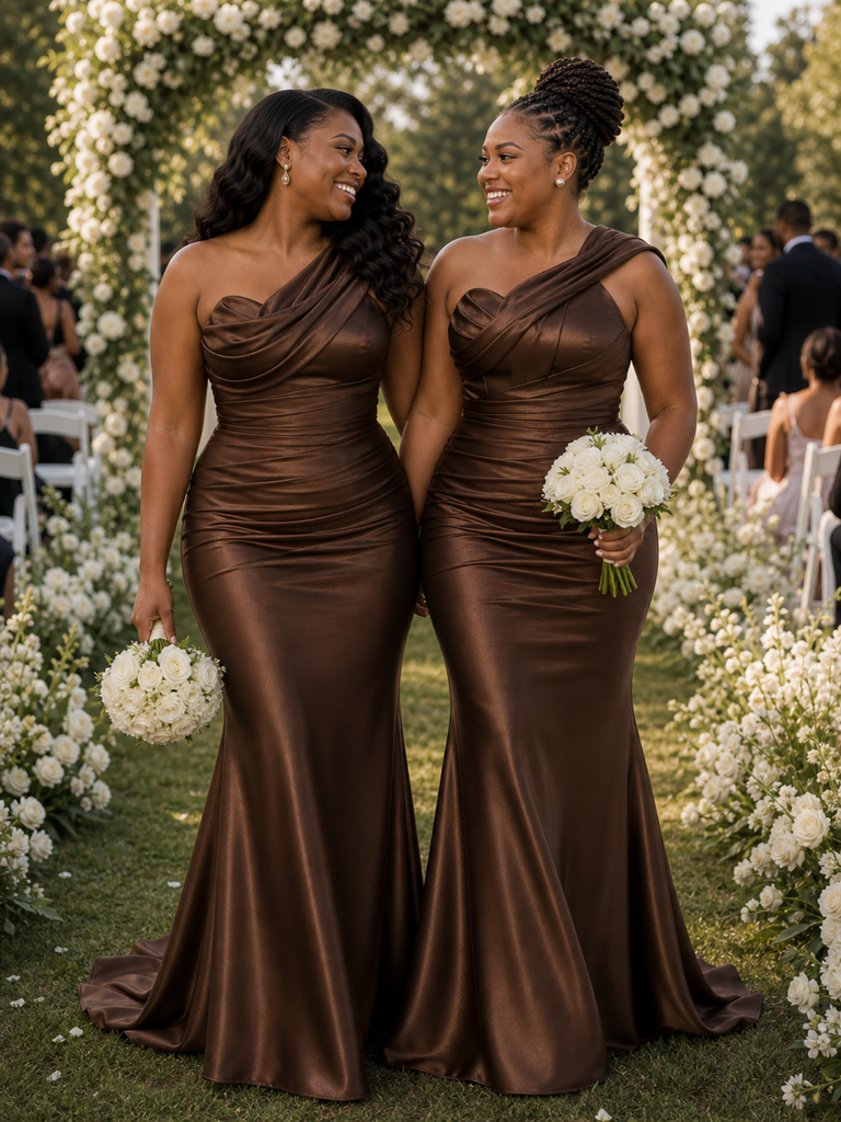 ChicSew Unique One Shoulder Mermaid Ruched Soft Satin Floor-Length Bridesmaid Dresses