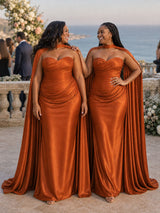 ChicSew Sweetheart Ruched Mermaid Soft Satin Floor-Length Bridesmaid Dresses With Long Cape