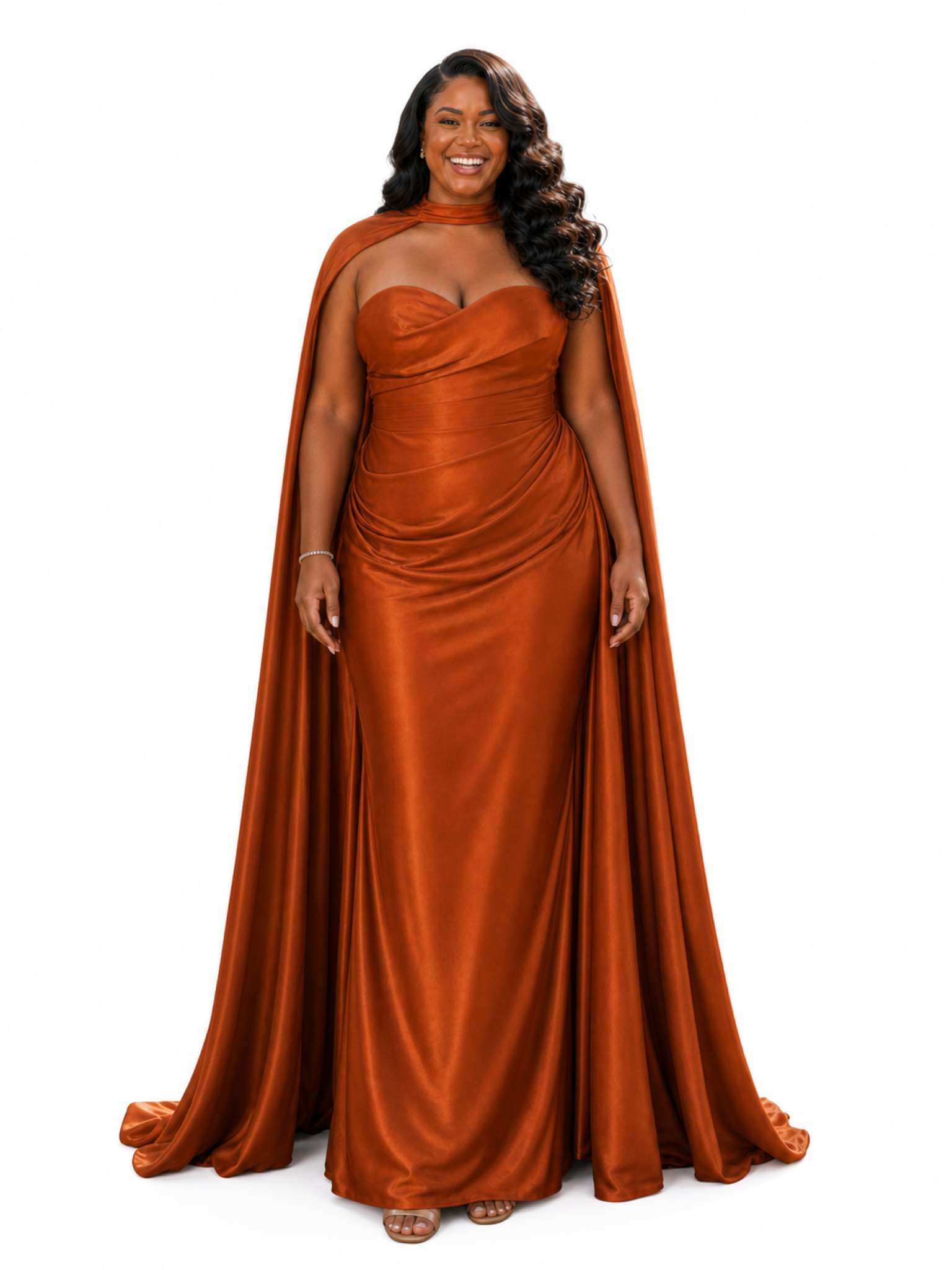 ChicSew Sweetheart Ruched Mermaid Soft Satin Floor-Length Bridesmaid Dresses With Long Cape